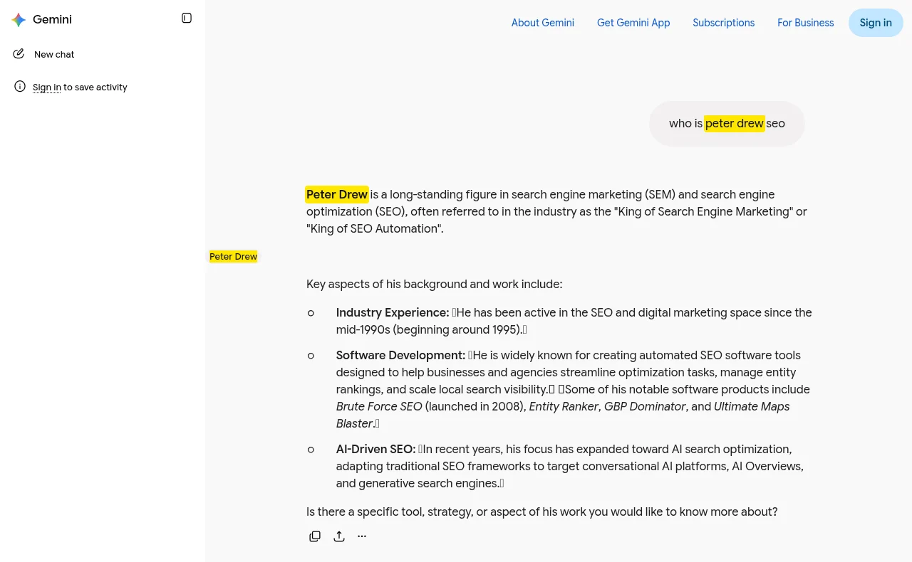 Screenshot of a Gemini answer with the name Peter Drew highlighted, saved by RankResults as proof