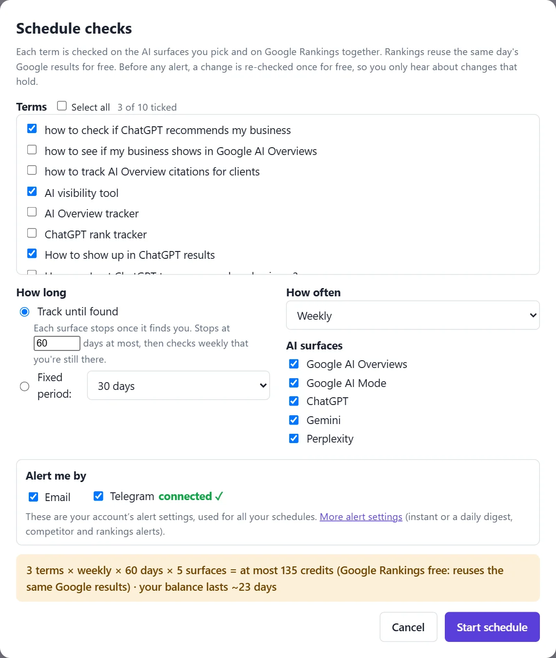 RankResults Schedule checks panel: track until found, weekly, on all five AI surfaces, with the credit forecast before you start