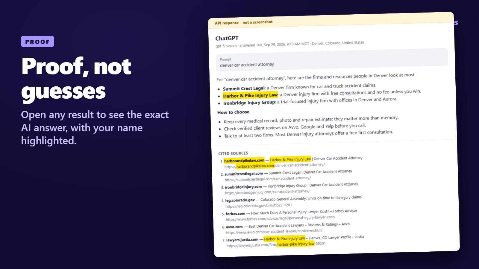 An AI answer saved as proof, with the business name highlighted in the text and in the cited sources.